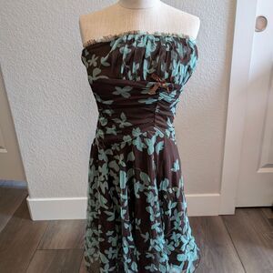 Teeze Me Strapless Brown and Blue Floral Dress Size M